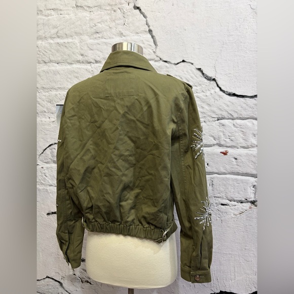 Guess Military Army Green Embellished Gemstone Bling‎ Moto Jacket Cropped Beaded - Picture 12 of 14